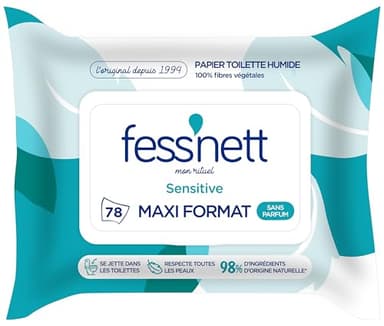 Fess'Nett - Les Essentiels - Sensitive - Feuilles de Papier Toilette Humide Jetable dans les Toilettes - Papier WC Humide - Alternative aux Lingettes - Pack x78