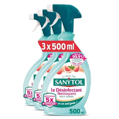 Sanytol - Désinfectant Nettoyant Multi-Usages - Parfum Pamplemousse - 500 ml- Lot de 3 - Sans Javel, Testé Dermatologiquement – Nouvelle formule 5X plus nettoyante