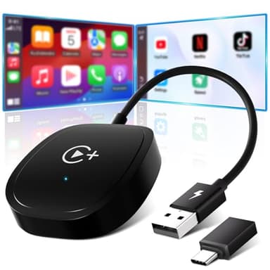 CarPlay Adaptateur sans Fil, Soutien Netflix, Youtube et Tiktok Stream Media Play, 2024 Adaptateur vidéo CarPlay sans Fil Convertir CarPlay Filaire en sans Fil, Plug & Play Compatible avec iOS 10+