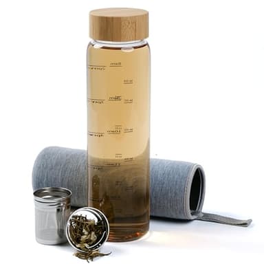 Penelife Bouteille Infuseur à Thé 1l - Gourde en Verre 1 litre - Gourde 1l en Verre Borosilicaté avec Couvercle Rotatif en Bambou - Theiere avec Infuseur 1l avec Housse en Néoprène - gris