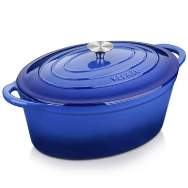 Velaze Cocotte Fonte 7L Émaillée, Marmite Fonte 34cm, Antiadhésive Couvercle Bleue, Compatible Induction / Gaz / Four