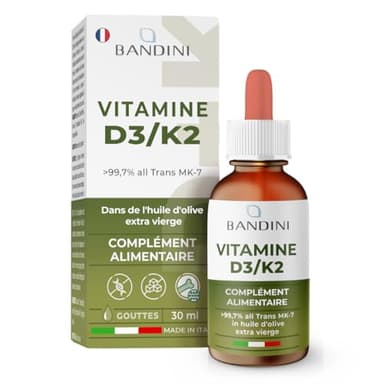 Bandini® Vitamine D3 K2 Gouttes 1000 UI à Forte Dose, D3+K2 Végétarien & Liquide (99,7% All-Trans MK-7), Gouttes des Vitamines D3 et K2, Hautement Dosée en huile d’olive, Fortement Dosé, Biodisponible