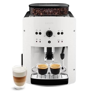 KRUPS Machine à café broyeur grain, 2 expresso simultanés, Nettoyage automatique, Buse vapeur Cappuccino, Essential blanche EA810570