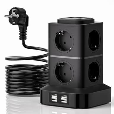 VIYSPNV Multiprise Électrique 12 en 1 Multiprise de Bureau avec 8 Prises et 4 Ports USB Max 5 V/3,4 A Multiprise avec Interrupteur et Rallonge 3 Mètres Parafoudre et Surtension pour Maison et Bureau