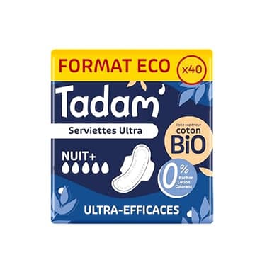 TADAM’ - Serviettes Hygiéniques Dermo-Sensitives - Protections Hygiéniques Femme Ultra Fines avec Ailettes - Flux Normal - Extra Absorbantes - A base de Coton Bio - Confort Nocturne