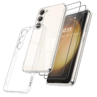 YLK Coque pour Samsung Galaxy S23 5G avec 2 Pieces Verres Trempés, Étui en Silicone avec Doublure en Microfibre Souple, Anti-Rayures Housse (Transparent, Samsung S23)