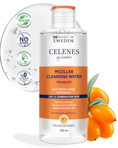 Celenes by Sweden Eau Micellaire Nettoyant Visage à l'Argousier, 250ml - Avec Vitamine C, Sans Alcool/Parabèn - Demaquillage Visage Idéale pour Peaux Grasses&Mixtes, Soins Pour Le Visage Profond