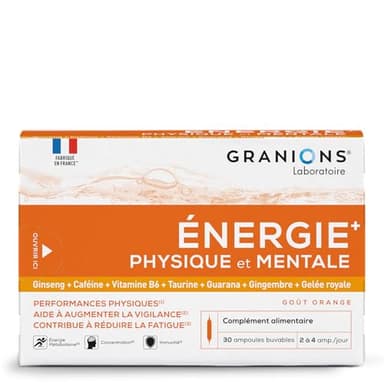 GRANIONS BOOSTER ENERGIE PHYSIQUE ET MENTALE| Ginseng, Gingembre, Guarana, Gelée Royale, Vitamine B6, Cafeine - Mémoire et Concentration - Booster Anti Fatigue -30 Ampoules Buvables-Fabriqué en France