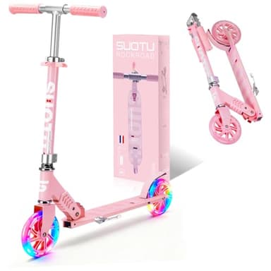 SUOTU Trottinette pour Enfants avec Roue Lumineuse de 145 mm, Charge Max: 100 kg, Pliable, Hauteur Réglable, Scooter pour Garçons et Filles de 3 à 12 Ans, Aluminium (Rose)