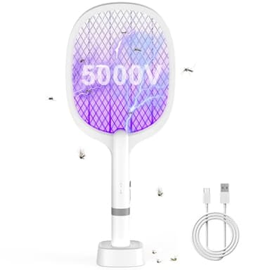 YOUBST Raquette Electrique Insectes 5000V, 1800 mAh Raquette Moustique Electrique Raquette Anti Moustique Electrique UV Exterminator avec Base de Recharge, Efficace pour Intérieur Extérieur