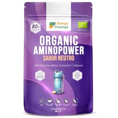 Energy Feelings Vegan Protein Powder 80% 500g, Protéine Végétale Bio en Poudre pour Maigrir, Grossir et Musculation, Protéine de Pois, Chanvre et Riz, Sans Sucre et Sans Lactose