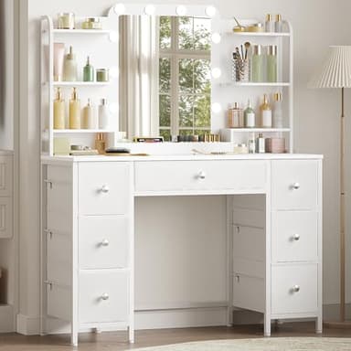 Hzuaneri Coiffeuse avec éClairage LED, Coiffeuse avec Grand Miroir HD, 7 Tiroirs et 6 éTagèRes De Rangement, Dressing De Chambre, Moderne Blanc DT42303XEU