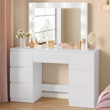 WOLTU Coiffeuse avec Miroir LED à Luminosité Réglable, Table de Maquillage avec 7 Tiroirs, Grand Espace de Rangement, Meuble Coiffeuse Moderne pour Chambre, 107 x 40 cm, en Bois, Blanc