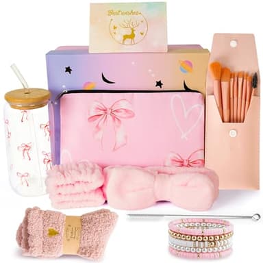 Cadeaux pour Filles Adolescentes 9 10 11 12 13 14 15 16 Ans, Cadeau d'anniversaire pour Fille, Cadeau Noel Rentrée Scolaire avec Verre Pinceau à Maquillage Bandeau Trousse de Maquillage et Bracelet