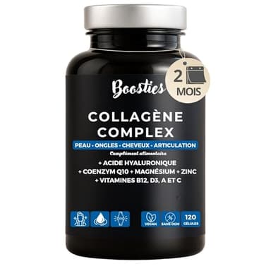 BOOSTIES - Collagene marin hydrolysé + Acide Hyaluronique + Q10 + Magnésium + Zinc + Vitamines A, C, B12, D3 - collagène Breveté - Peau, Cheveux, Ongles & Articulations -120 gélules