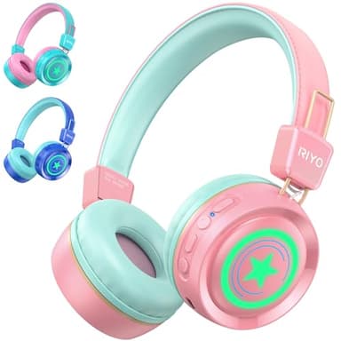 riyo Casque Bluetooth sans Fil Enfant Casque Audio Enfant avec Lumières LED Bluetooth 5.0 Stéréo Ecouteurs Enfants Limite de Volume 94dB Réglable Pliable pour École/Voyage/PC/Tablet/Kindle