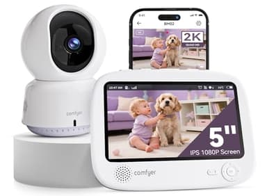 Comfyer 2K Babyphone Caméra Bébé, 5" 1080P Écran Babyphone Connecté Smartphone, Rotation à 355°, Détection de Mouvement &des Pleurs, Suivi Automatique, Vision Nocturne, Batterie 5050mAh