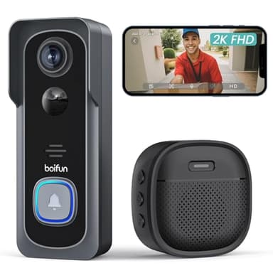 BOIFUN Sonnette sans Fil Exterieur Etanche, 2K FHD, Grand Angle de 166°, Installation Facile, Détection Humaine PIR, Vision Nocturne, Audio Bidirectionnel, IP65 Étanche, Supporte Uniquement 2,4 GHz