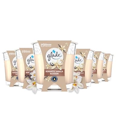 Glade Lot de 6 bougies parfumées dans un pot en verre, parfum Romantic Vanilla Blossom, 6 x 112 g, jusqu'à 27 heures de combustion par bougie