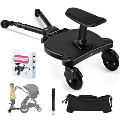 BugyKido Planche Poussette Universelle, Skate Poussette Universelle avec Siège, Marche Pied Poussette avec Sac de Rangement, Sangle de Suspension, pour bébé pour Enfants de 2 à 6 Ans (25KG) (Noir)