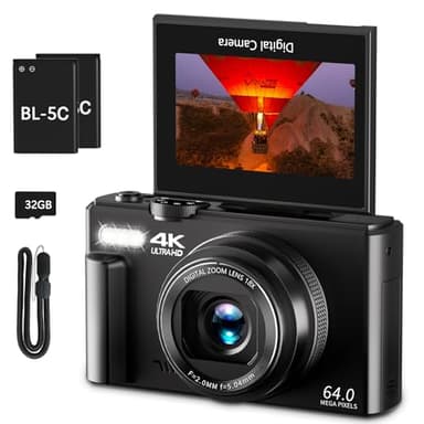 Appareil photo numérique 4K pour la photographie, caméra de 64 MP pour le blog vidéo YouTube avec écran tactile 3 pouces (7,6 cm) pivotant à 180°, appareil photo zoom numérique 18X et appareil photo