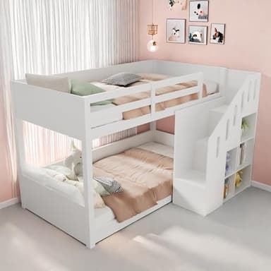 Sapgaks Lit superposé Enfant 90 x 200 cm, lit Mezzanine 2 Places 90 x 200,lit cabane Enfants Multifonction avec escaliers et casiers,Rampe Stable,sans Matelas,Protection Anti-Chute,90 x 200 cm,Blanc