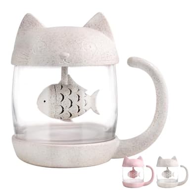 BigNoseDeer Tasse à thé en verre chat, bouteille d'eau avec infuseur à thé de poisson, passoire à thé en vrac 250ML