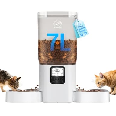 Distributeur Croquettes Chat Automatique Double: 7L Gamelle Chat Automatique pour 2 Bols, Minuterie Distributeur Croquette Chien avec Alimentation Lente, Détachable pour Un Nettoyage Facile