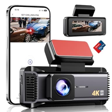 Dashcam Voiture Avant 4K, WiFi Dashcam acve 64G SD Card, 2.99" IPS Camera Voiture, 24H Moniteur de station,170° ultra grand angle, Enregistrement en Boucle,Contrôle de I'application, WDR, Night Vision