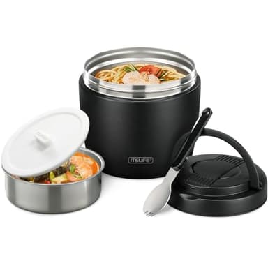 Itslife Boîte Alimentaire Isotherme, 970ml Boite Isotherme Repas Chaud, Lunch Box Isotherme avec Cuillère, Thermos Alimentaire Chaud en Acier Inoxydable, Thermos Isotherme pour Ecole Bureau, Noir