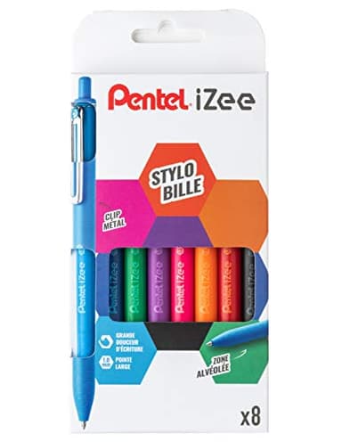 Pentel iZee BX470/8 Pochette de 8 stylos à bille rétractables avec clip en métal Pointe large 1 mm