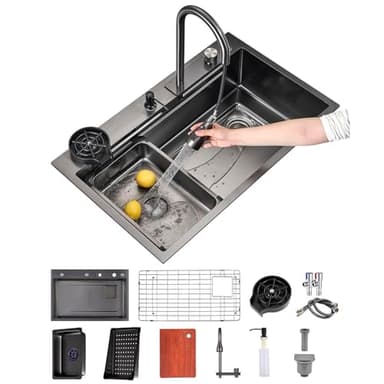 FIVIXIL Évier de cuisine Grand évier simple à pluie volante avec lave-tasses, distributeur de savon, pluie volante, grille à vaisselle Évier de cuisine à poste de travail (Gris canon, 66 * 50 * 21cm)