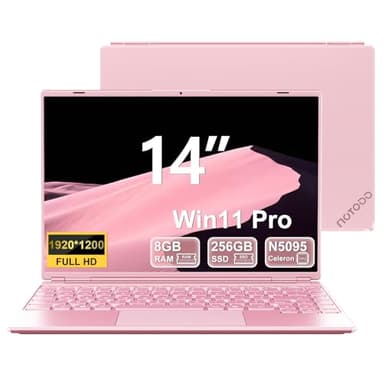 NOTODD 2025 Ordinateur Portable 14 Pouces Win11 Pro PC Portable Gamer Celeron N5095 8Go RAM 256Go SSD Soutien Extension 1TB(TF 512Go) 1920x1200 Mini HDMI Laptop Type-C AZERTY Clavier Couverture-Rose