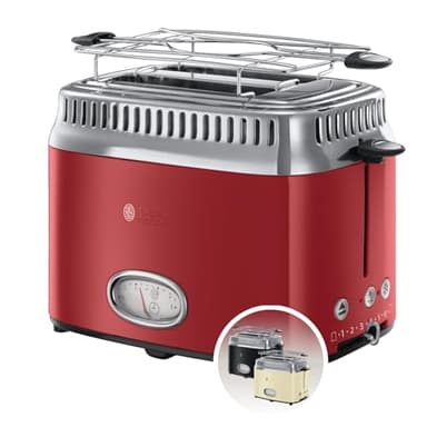 Russell Hobbs Grille Pain (Design Vintage Premium) Retro rouge (2 Tranches, 6 niveaux de brunnissage rapide, Fonction annulation, décongélation et réchauffage Viennoiserie, 1300W) Toaster 21680-56