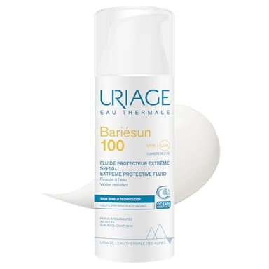Uriage Bariesun 100 Crème Solaire Très Haute Protection pour le Visage - Filtres Organiques & Vitamine E - Peaux Intolérantes au Soleil, Sujettes aux Brûlures - Résistante à l'Eau - Sans Parfum - 50ml