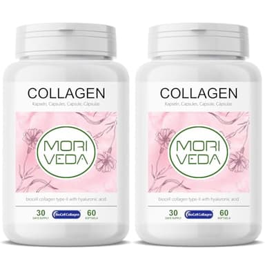 MoriVeda BioCell Collagen gélules, 2 x 60 unités, collagène de type II avec acide hyaluronique et chondroïtine, pour la peau, les articulations et les tissus conjonctifs, certifié ISO