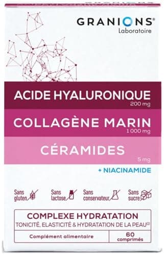GRANIONS COLLAGENE MARIN 1 mois | Collagene et Acide Hyaluronique - Collagene marin + Acide Hyaluronique + Niacinamide + Ceramides - Anti ride - Hydratation, Elasticité, Tonicité peau -60 comprimés
