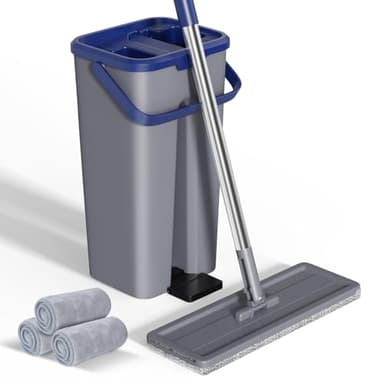 Eukue Balai Serpillère Essoreur avec Seau, Serpillière Plat Rotatif 360°avec 3 Serpillères Réutilisables, 2 en 1 Seau Essoreur Serpillere de Mains Libre pour Nettoyage Tous Types de Sols(Gris)
