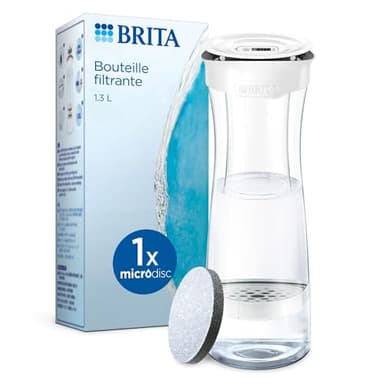 BRITA bouteille filtrante blanc graphite (1,3 L), 1 filtre MicroDisc inclus - Réduit** certains PFAS***, le chlore, des particules fines