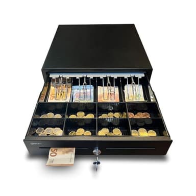 Tiroir Caisse Enregistreuse à Monnaie et Billets 41x42x11cm - Ouverture Automatique RJ11 et Manuelle avec Clés - 4 Compartiments de Billets 8 de Pièces - Restaurant Supermarché Petits Commerces - Noir