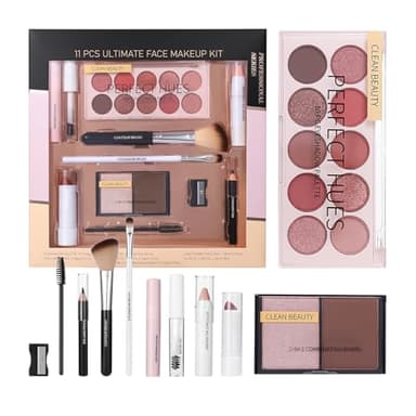 Kit de Maquillage - Trousse Complète Pour Jeunes Filles - 11 Pièces Palette Fard à Paupières Mascara Pinceau Rouge à Lèvres Highlighter Cadeau Fêtes
