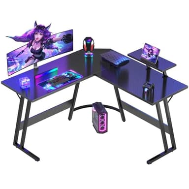 Devoko Bureau Gaming d'angle 120 x 120cm avec Support d'écran, Table Informatique en Coin,Bureau Gamer en Forme de L Table pour Etudier, Jouer et Travailler Carbon Noir