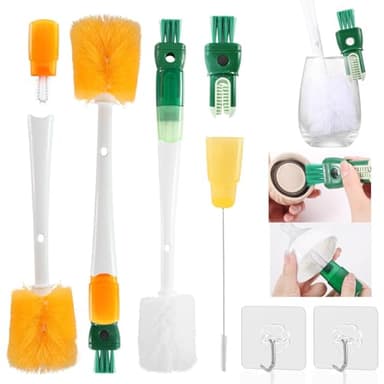 lomdung 2 Pièces Goupillon Biberon, 5 en 1 Nettoyage Biberon Brosse avec 2 Crochets, Brosse à Bouteille avec Long Manche, pour Bouteilles à Col Etroit Biberons Gobelets et Verre à Vin