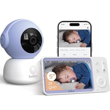 BOIFUN Smart Babyphone Camera 5" 2K, Connecté Via WiFi ou Mode Local, Vision Nocturne sans Lumière Visible, Détection & Alerte Pleurs/Mouvements/Température/Humidité, Suivi Auto 360°, Autonomie 17h