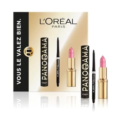 L'Oréal Paris - Coffret Cadeau - Mascara Panorama All Night Black, Eyeliner Infaillible Grip Liner Noir, Rouge à Lèvres Color Riche Satin Rose Tendre - Tailles Réelles