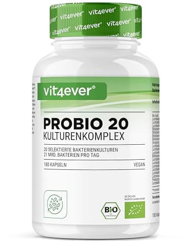 Probio 20 - Complexe de cultures avec 21 milliards de ferments lactiques et 20 souches bactériennes + inuline bio par dose journalière - 180 gélules gastrorésistantes - Haute dose - Végétalien
