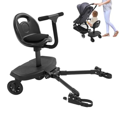 Planche de poussette pour toutes les poussettes, buggyboard avec siège, 50 kg, marchepied universel, 2 en 1, siège amovible, roues amortissantes rotatives à 360° pour 2 à 6 ans