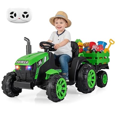 COSTWAY 24V Tracteur Électrique Enfant avec Remorque Amovible, Voiture Électrique Enfant avec Télécommande & Phares LED, Musique, 3-6 km/h, Démarrage Progressif, Charge 30 kg pour 3-7 Ans