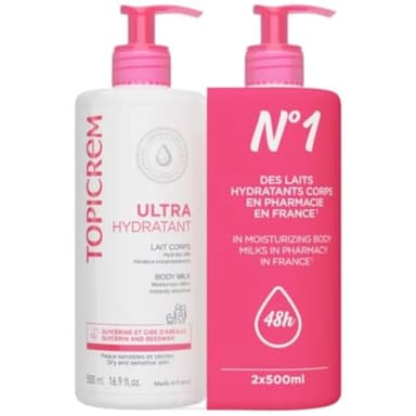 Topicrem - Ultra Hydratant Lait Corps - Hydrate 48h, Relipide, Protège la Peau - Texture Onctueuse, Odeur Délicate - Crème Hydratante pour Peaux Sensibles - Fabrication Française - 2x500 ml