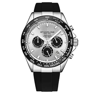 Stührling Chronographe à Quartz Aquamaster, Cadran argenté, Couronne à vis, Aiguilles Lumineuses, Lunette en céramique, Bracelet en Caoutchouc Noir pour Homme, boîtier de 42 mm, Date, résistant à